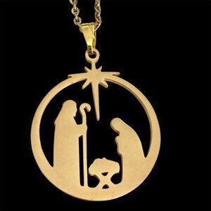 Nativity Scene Mary Joseph Jesus Necklace Gold Stainless Steel Catholic Medal